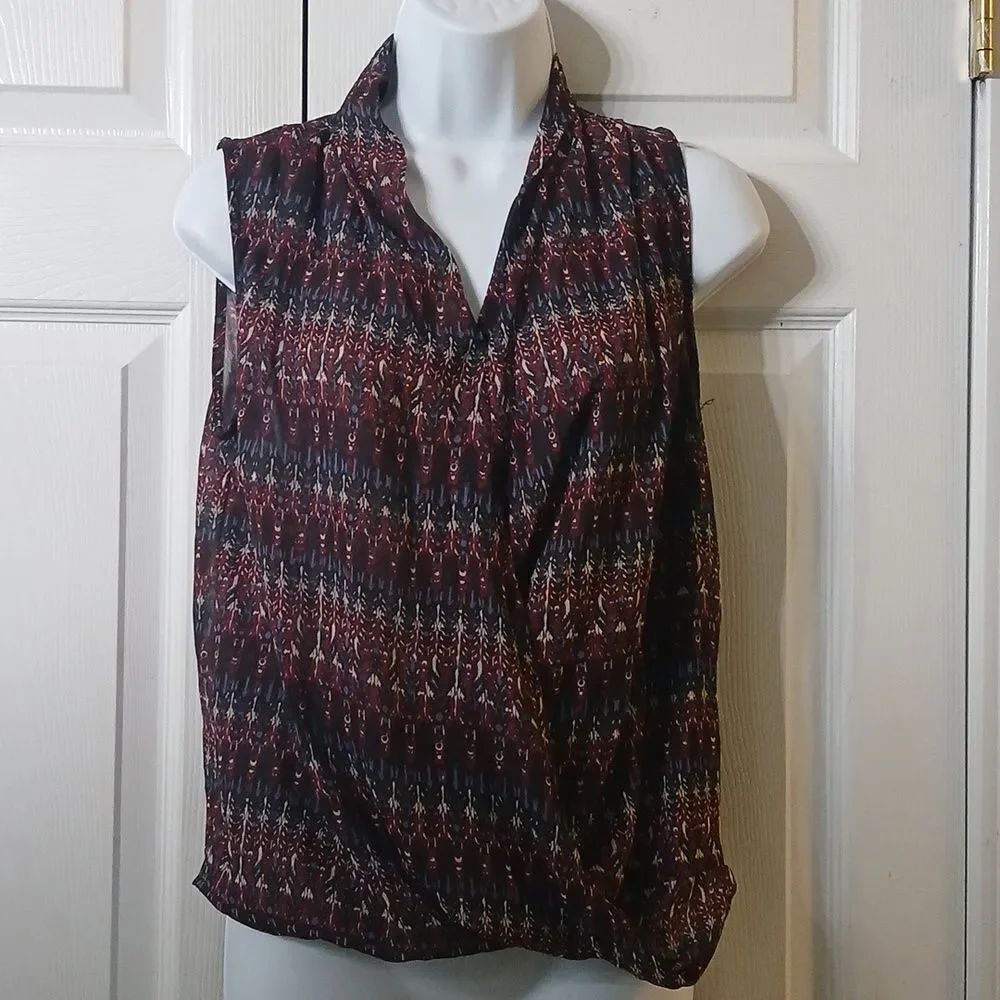 Sheer black red blue white printed  sleeveless blouse Sz 4 NWOT